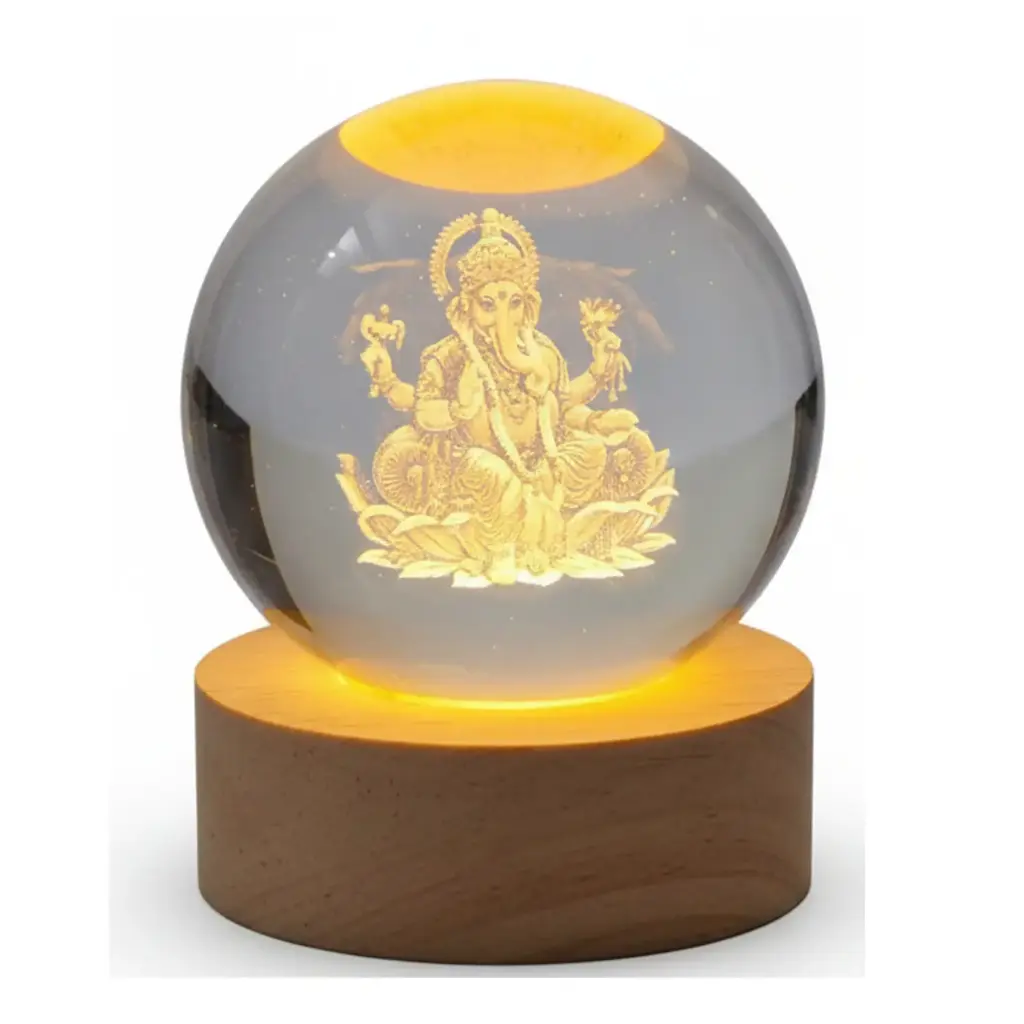 3D Crystal Ball Night Lamp with Vinayagar/Ganapathi Engraving, USB LED Light on Wooden Base, Warm White Light - Home Decor & Gift