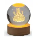 3D Crystal Ball Night Lamp with Vinayagar/Ganapathi Engraving, USB LED Light on Wooden Base, Warm White Light - Home Decor & Gift
