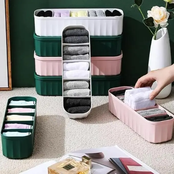 Drawer Organizers for Underwear & Socks, Set of 4 Plastic Dividers, Stackable Closet Storage Bins for Bras, Scarves & Baby Clothes
