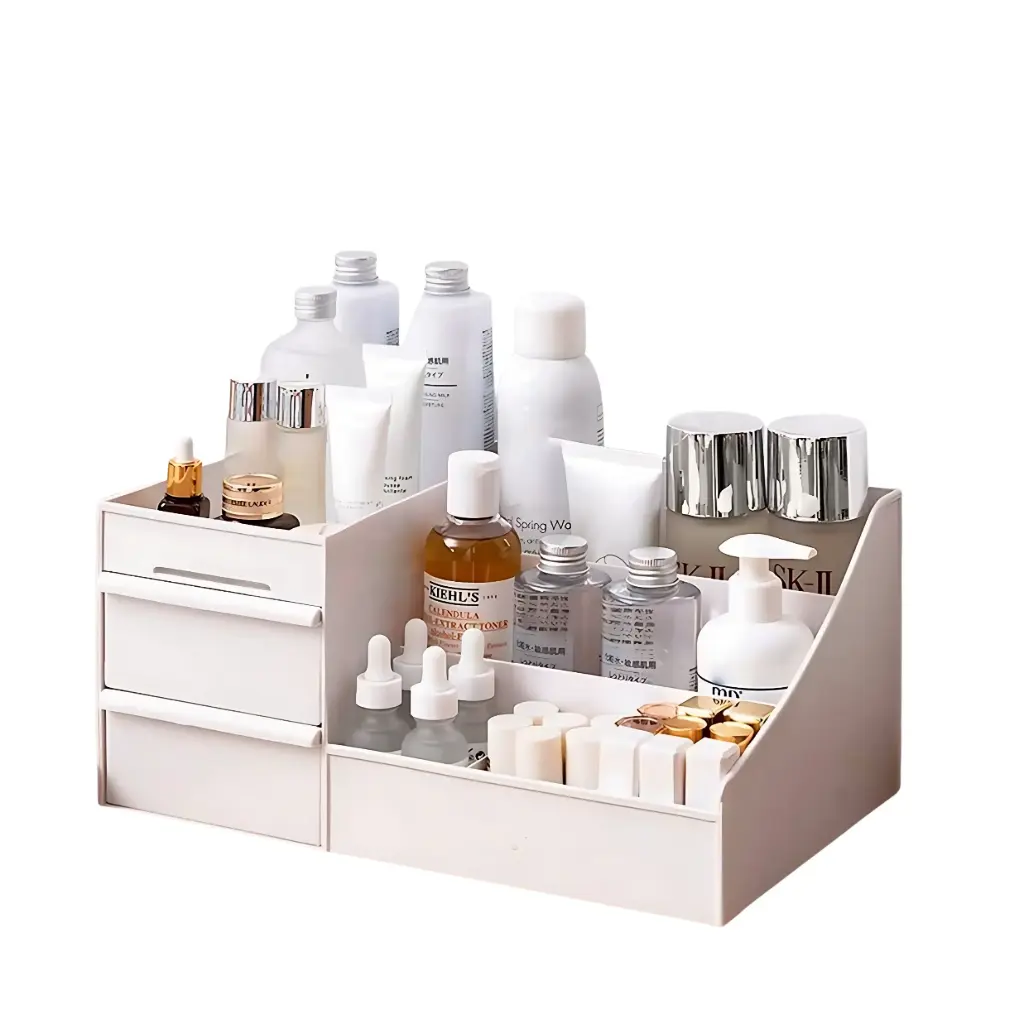 Cosmetic Organizer Box with Drawers, Plastic Desktop Storage for Makeup, Skincare, Jewelry & Stationery - White