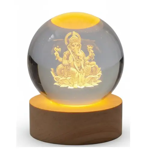 [STRDECOR0009] 3D Crystal Ball Night Lamp with Vinayagar/Ganapathi Engraving, USB LED Light on Wooden Base, Warm White Light - Home Decor & Gift
