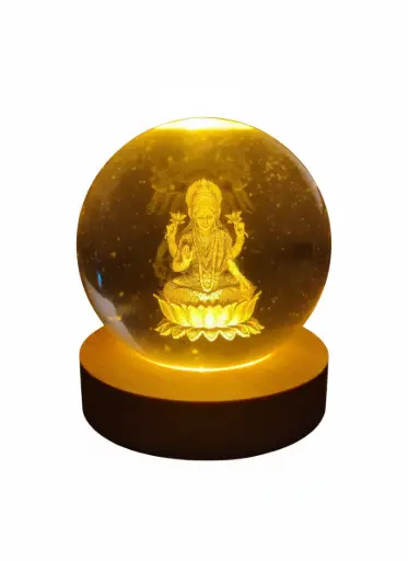 [STRDECOR0008] 3D Crystal Ball Night Lamp with Lakshmi Engraving, USB LED Light on Wooden Base, Warm White Light - Home Decor & Gift (copy)