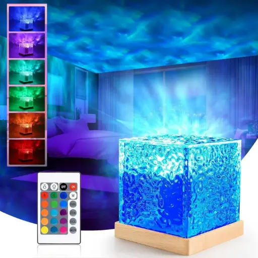 [STRDECOR0005-001] Ocean Wave Night Light Projector Lamp, 3D Water Wave Effect, LED Projection Lamp for Bedroom Decor, Remote Control (Cube Shape)Multicolor – 16 Color Changing LED Table Lamp with Starry Sky & 3D Water Wave Effect, Remote Control, Bedroom Ambient & Home Décor Lighting