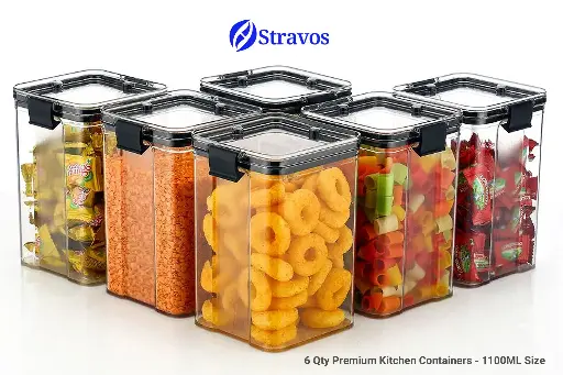 [STRWHT100007] Stravos Plastic Grocery Container 1100ml Pack of 6 | Airtight Lock Lid | BPA-Free, Stackable Pantry Jars for Spices, Snacks & Food Storage