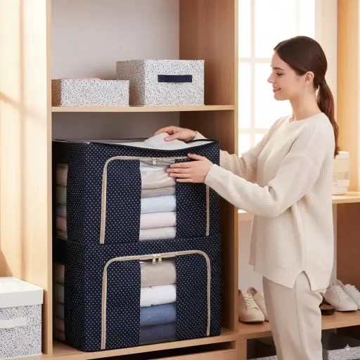 [STR100003-01] Stravos 66L Foldable Non-Woven Storage Box (2-Pack) with Steel Frame & Window - Wardrobe & Closet Organizer for Clothes & Comforters