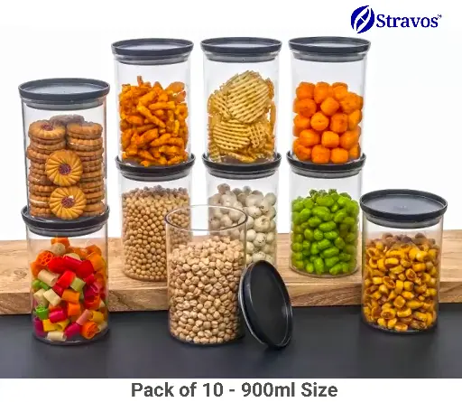 [STR100001-10] Stravos 900ml Airtight Plastic Kitchen Containers (Pack of 10, Multicolor) - Durable Grocery & Food Storage Set for Pantry