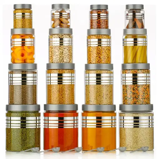 Stravos Grocery Container - 1200 ml, 650 ml, 350 ml, 250 ml  (Pack of 16, Clear, Silver Line)