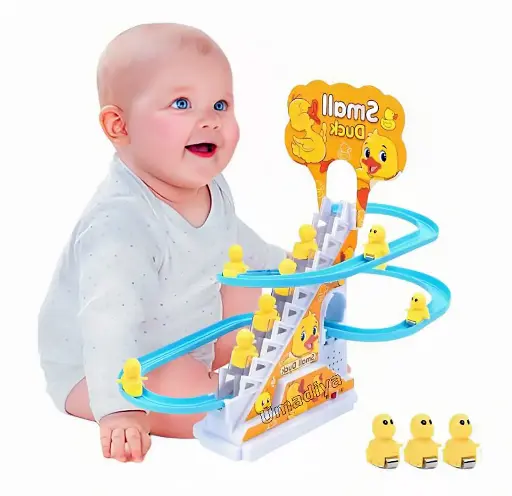 Duck Slide Toy Set, Automatic Stair-Climbing Race Track Set, Lights & Musical