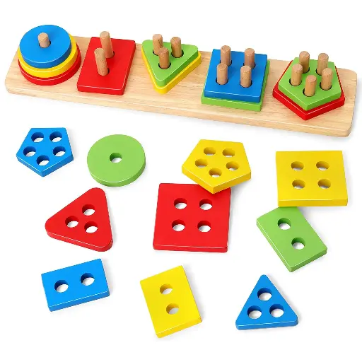 Wooden Shape Color Recognition Blocks Matching Sorting Stacking Montessori Toy - 5 pcs Set
